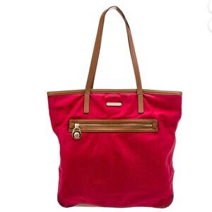 Michael Kors Kempton Red Nylon Brown Leather Tote Pocket Hand Shoulder Bag Zip